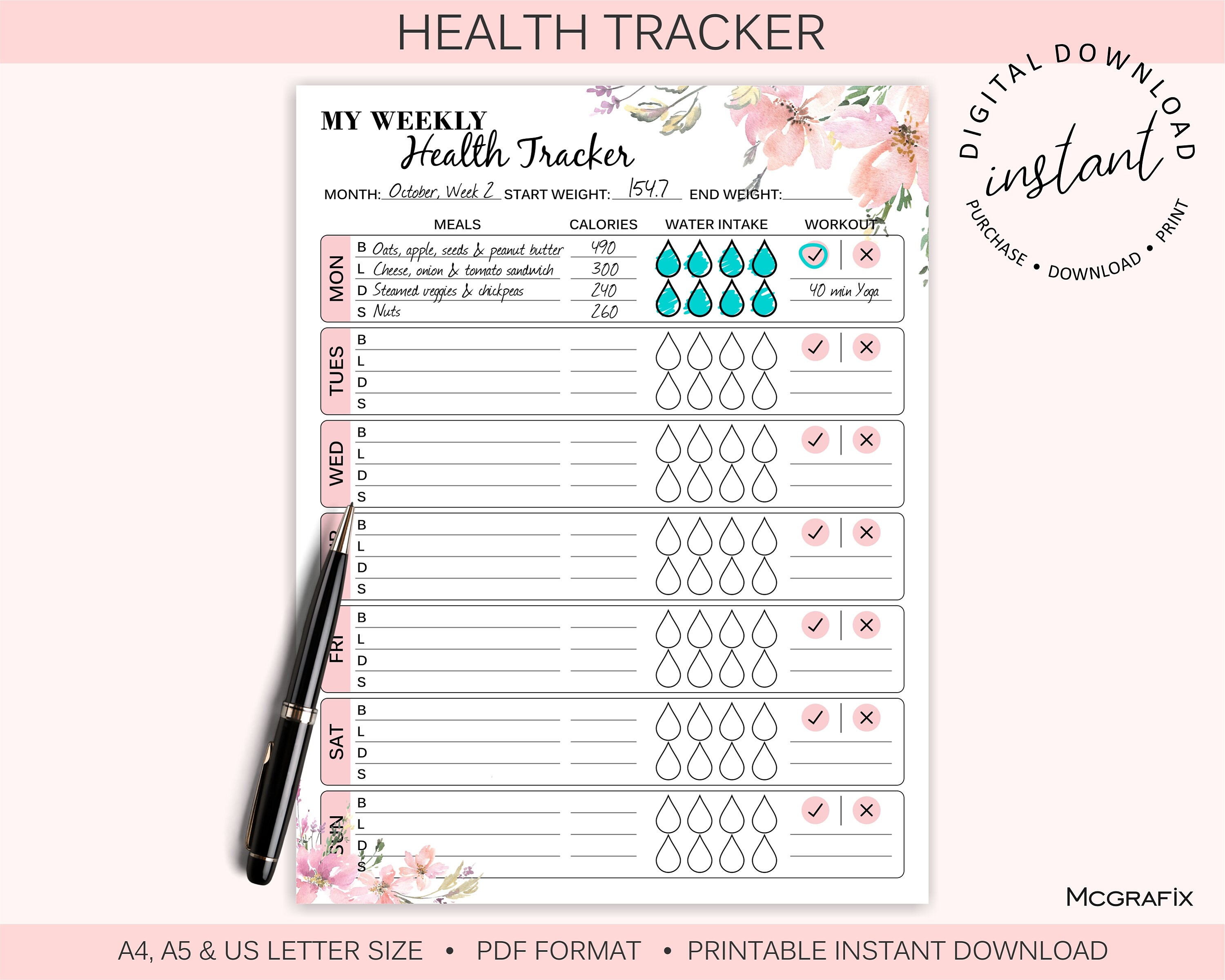 Flower Health Tracker Printable Wellness Tracker Fitness Tracker Food ...