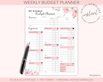 Planificador semanal de presupuesto de flores, rastreador de presupuesto imprimible, planificador financiero imprimible, presupuesto mensual, plantilla de presupuesto, descarga instantánea