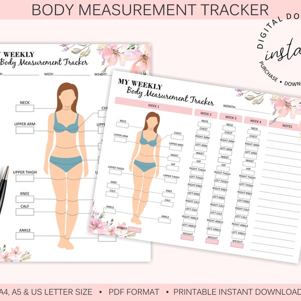 Flower Body Measurement Tracker Afdrukbare | Gewichtsverlies Tracker | Body Measurement Planner | Health and Wellness Tracker | Direct downloaden