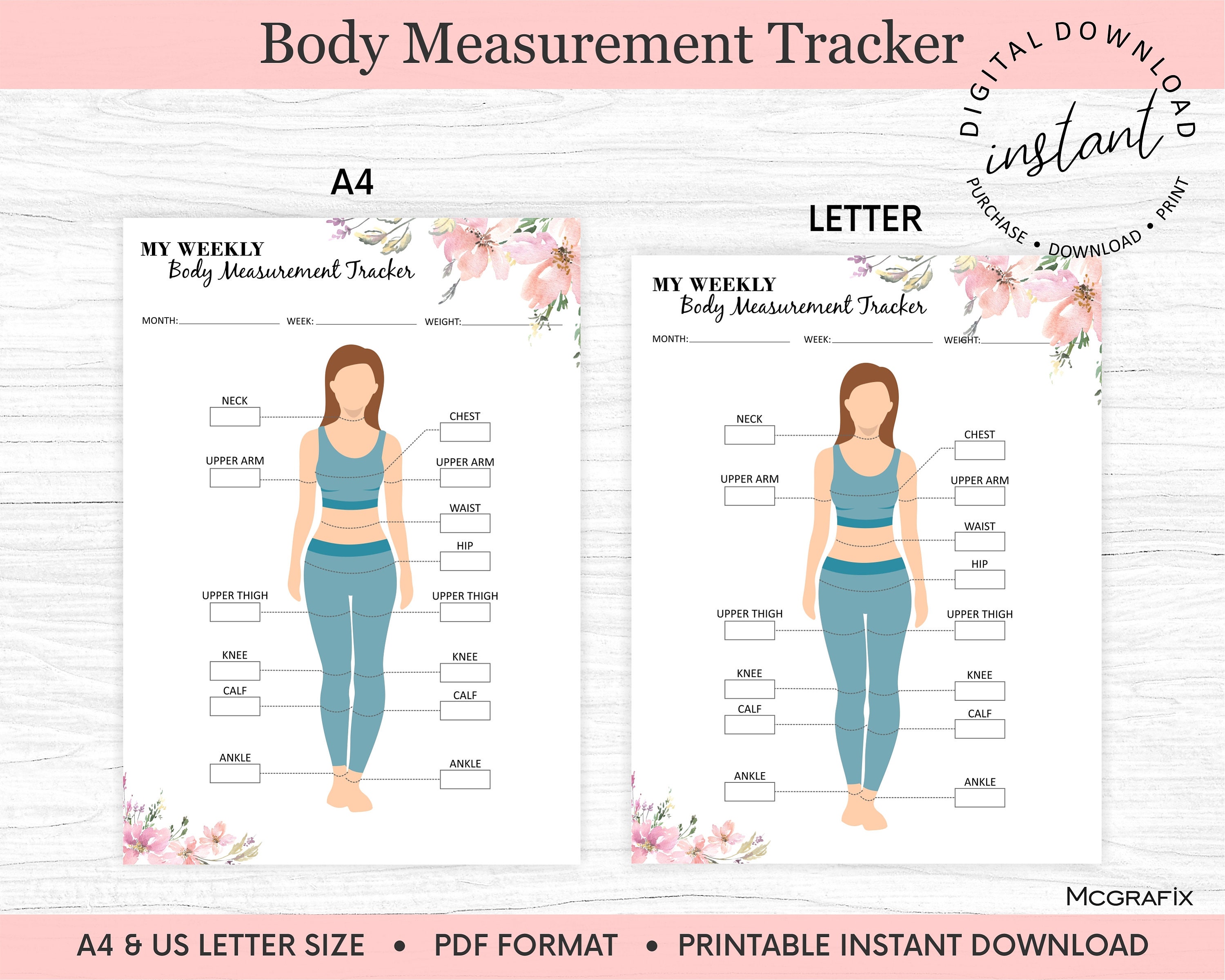 Weight Loss Tracker Printable Body Measurement Tracker Fitness Tracker ...