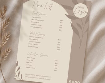 Plantilla editable de Canva para lista de precios de salón de belleza estilo bohemio / Menú de spa para maquillaje facial y servicios de pestañas / Descarga instantánea
