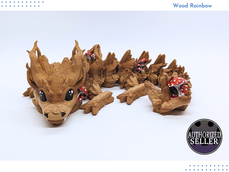 An articulated dragon with a design inspired by the woodlands that includes baby doll eyes and mushrooms.