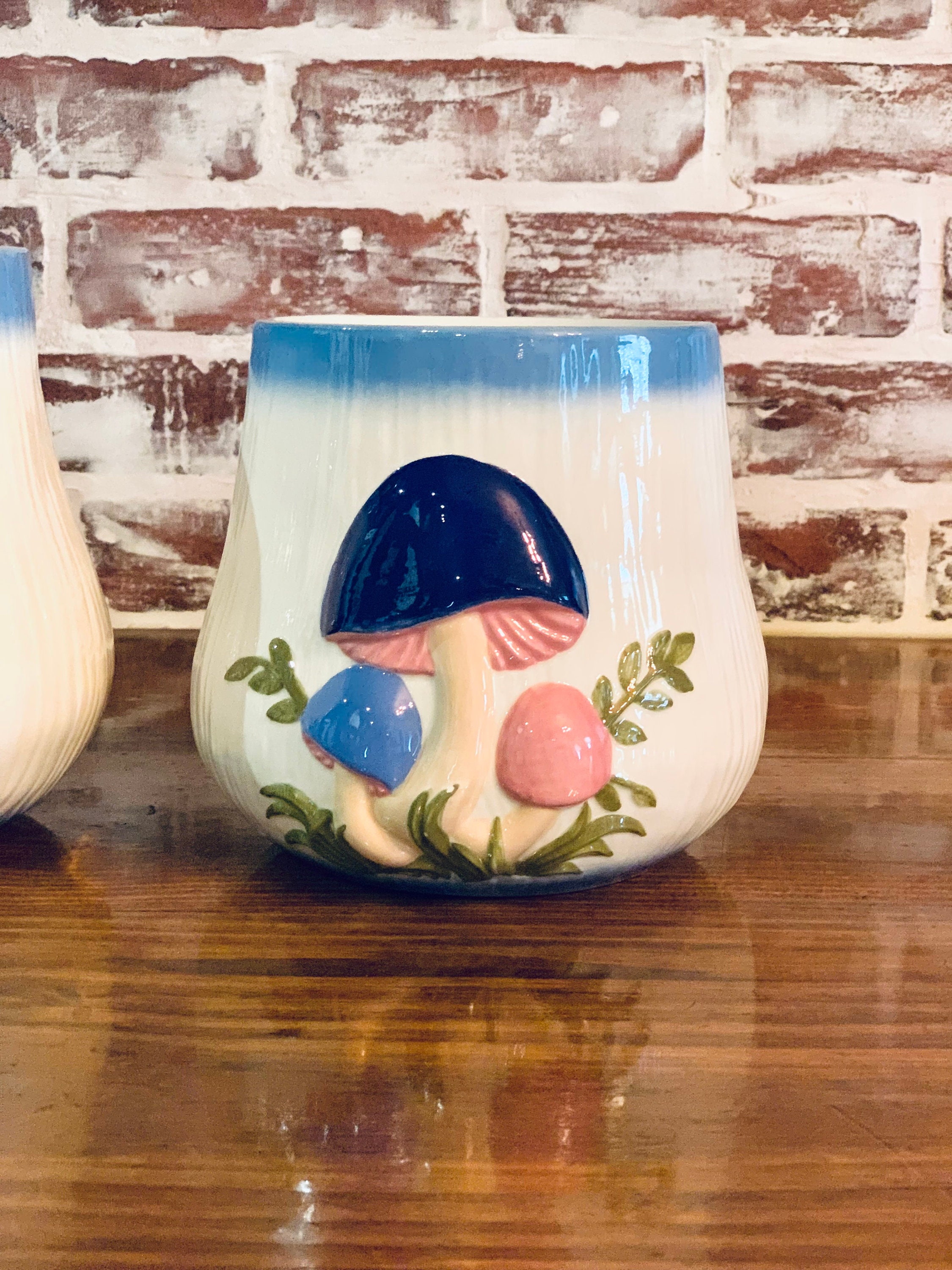 Vintage Mushroom Canister Set of 2 / Blue Pink White Mushrooms Etsy