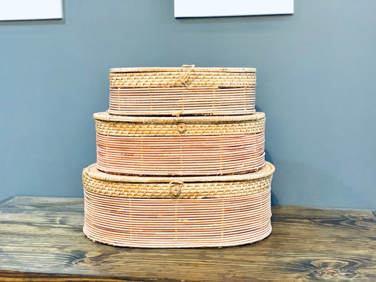 Stackable Wicker Baskets with Lid Set of 3 / Nesting Baskets / Etsy