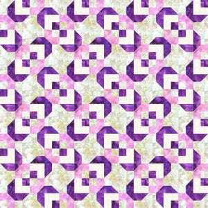 May include: A quilt with a repeating geometric pattern. The design features squares and angular shapes in shades of purple, pink, and white, set against a mottled, light-colored background. The overall effect is a visually engaging, abstract textile.