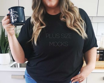 Bella Canvas 3001 Black Shirt Mockup | Plus Size Curvy Model (Digital Download)