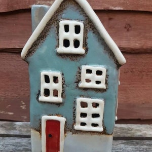 Grey Tall Village Pottery House tea light holder ceramic gift ornament 19cm tall Free UK delivery