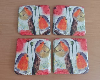 Coaster Set Robin and Poppy Design Handmade Slate Decoupage Coasters SET of FOUR 10cm Free UK Postage