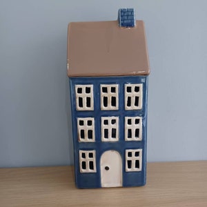 Tall Blue Ceramic House Tea Light Holder With Chimney Gift Ornament Ht 23cm Free UK Postage