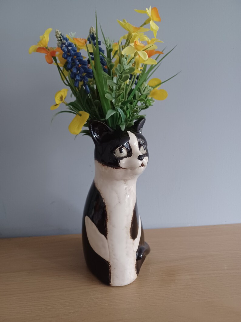Black and White Cat Kitten Vase Ceramic Top Cat Vase by Village Pottery