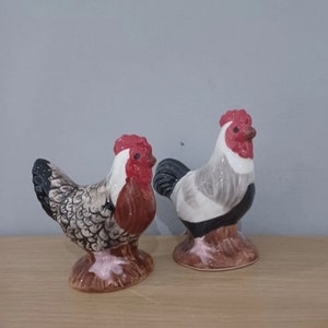 Op de afbeelding: Een set van twee keramische zout- en peperstrooiers in de vorm van kippen. De haan is grijs, wit en zwart met een rode kam. De hen is bruin, wit en zwart met een rode kam.