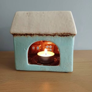 Village Pottery Aqua Wax Melt Oil Burner Ceramic Oblong House With Windows Gift 11cm Tall New Range Free UK Postage image 2
