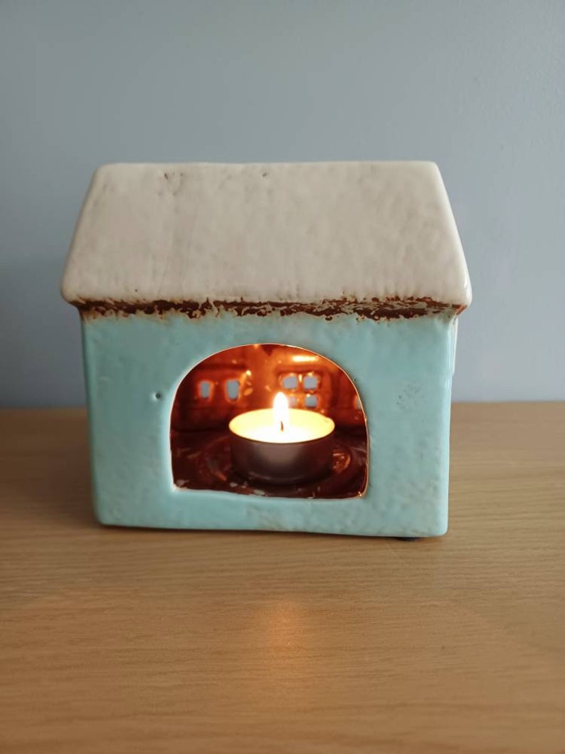 Village Pottery Aqua Wax Melt Oil Burner Ceramic Oblong House With Windows Gift 11cm Tall New Range Free UK Postage image 2