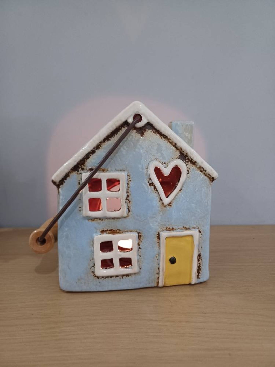 Ceramic HEART LANTERN Tea Light Holder With Handle in Blue and Yellow