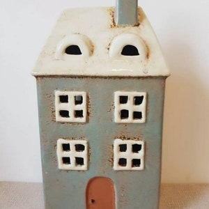 Ceramic Village Pottery Tall Grey House Tea Light Holder Gift Ornament 25cm Free UK Postage