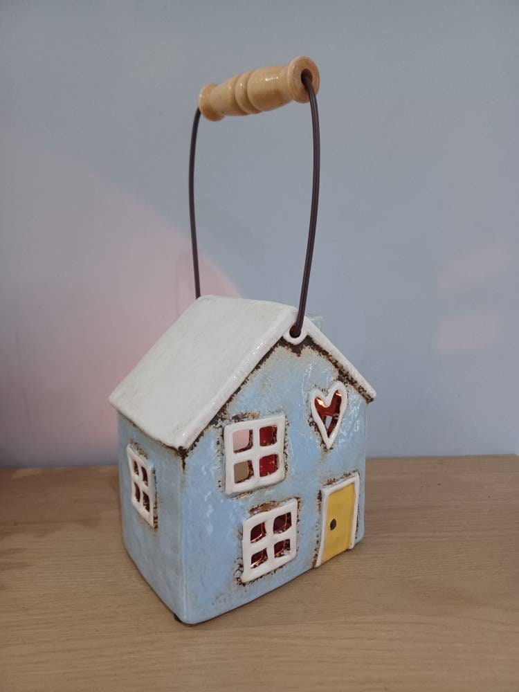 Ceramic HEART LANTERN Tea Light Holder With Handle in Blue and Etsy