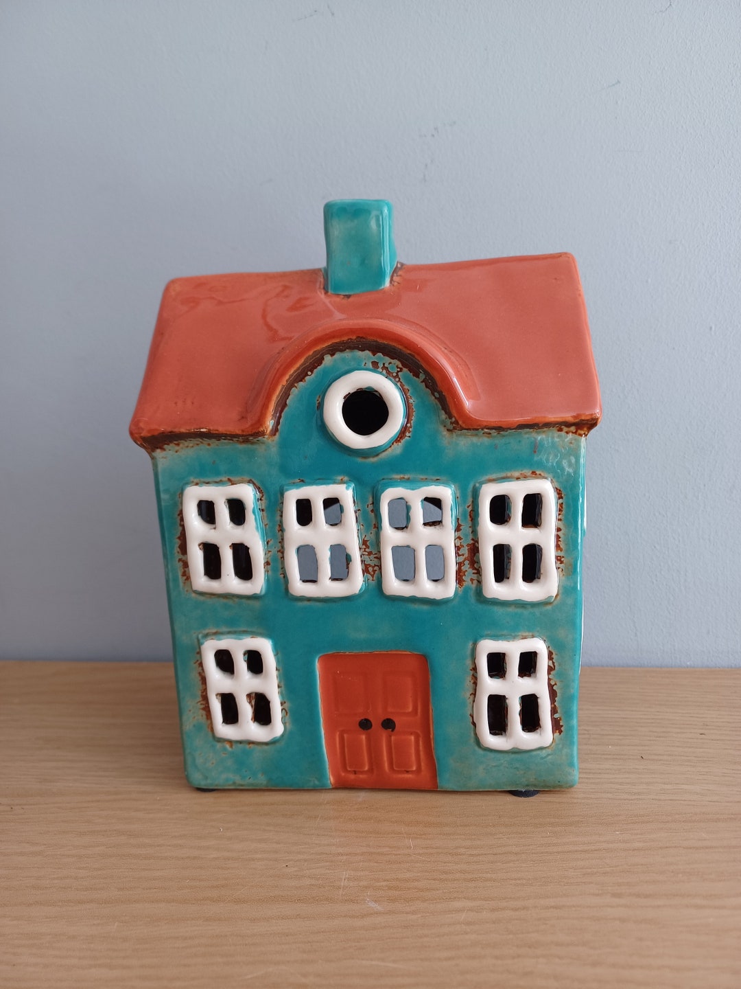 Village Pottery Green and Orange House Tea Light Holder Ceramic Gift