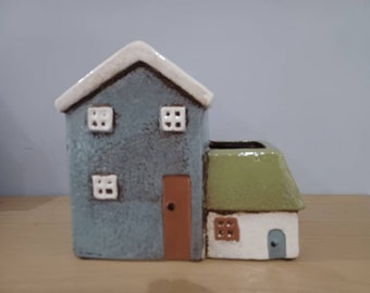 Two House Ceramic Planter Village Pottery Plant Pot Grey and Cream 17cm Tall Free UK Postage