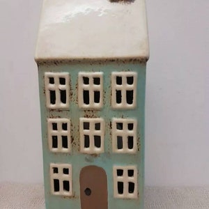 Village Pottery Tall House Tea Light Holder With Chimney Duck Egg Blue Gift Ornament Ht 24cm Free UK Postage