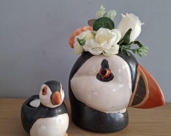 Set PUFFIN - Portacandele con candelina e portapenne - Ornamento regalo in ceramica smaltata - NUOVO - Spedizione gratuita nel Regno Unito