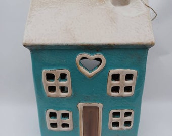 Village Pottery Bright Blue Heart Cottage Tea Light Holder With Chimney Ornament Gift 20cm Tall Free UK Postage