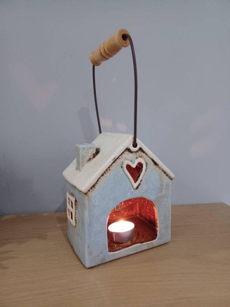 Ceramic HEART LANTERN Tea Light Holder With Handle in Blue and Etsy