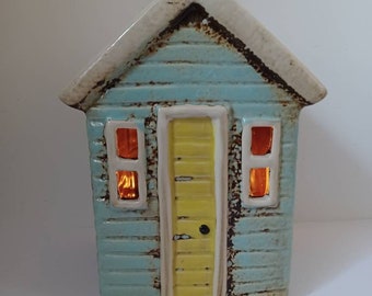 Aqua BEACH HUT Tea Light Holder From Village Pottery New Item Retro Ceramic Gift Ornament 14cm Free UK Postage