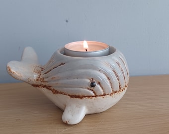 Small WHALE Tea Light Holder With Tea Light Novelty Ceramic Glazed Gift Ornament 10cm x 8cm NEW Free UK Postage