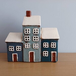 Village Pottery Grey and Navy Three House Tea Light Ceramic Gift Ornament 17cm Tall New Free UK Postage