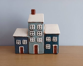 Village Pottery Grey and Navy Three House Tea Light Ceramic Gift Ornament 17cm Tall New Free UK Postage