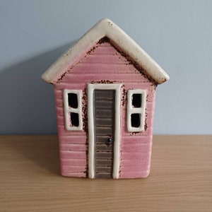 Pink BEACH HUT Tea Light Holder From Village Pottery New Item Retro Ceramic Gift Ornament 14cm Free UK Postage