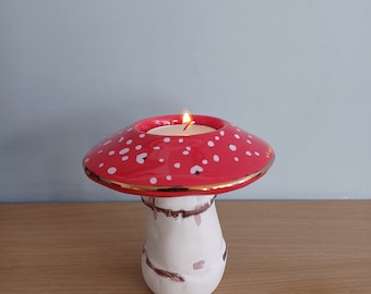 Red Spotty Mushroom Tea Light Holder  Porcelain Small Size 11cm Tall New and Boxed  Free UK Postage