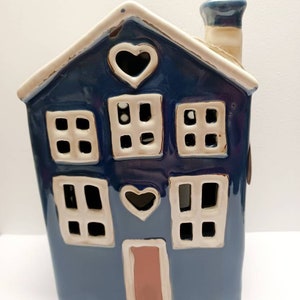 Village Pottery Dark Blue Heart Cottage Tea Light Holder With Chimney Ornament Gift 18cm Tall Free UK Postage