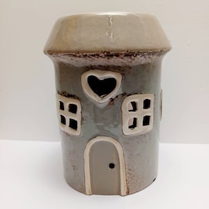 Village Pottery Light Grey Heart Ceramic Round House With Windows Wax Melt Oil Burner Gift  15cm Free UK Postage