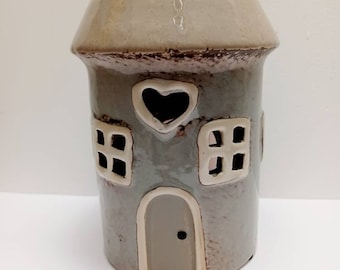 Village Pottery Light Grey Heart Ceramic Round House With Windows Wax Melt Oil Burner Gift  15cm Free UK Postage