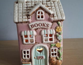 Village Pottery Pink Book Shop Ceramic Tealight Holder Small 15cm Tall NEW Free UK Postage