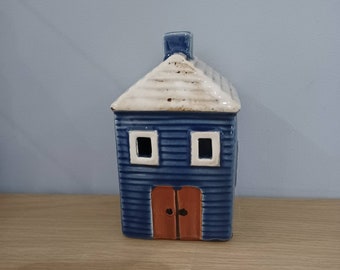 Ceramic Small Blue House Tea Light Holder With Chimney by Village Pottery Ht 12cm Free UK Postage