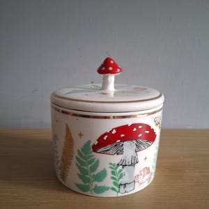 Può includere: Un barattolo in ceramica bianca con coperchio, con un design a fungo rosso con pois bianchi. Il barattolo è decorato con felci verdi, dettagli dorati e un piccolo pomello a forma di fungo. Il barattolo è cilindrico e poggia su una superficie di legno.