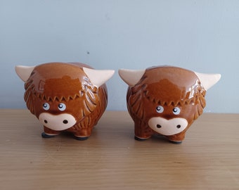 Highland Cow Novelty Salt & Pepper Pots 6cm Brown Stonewear NEW Free UK Postage