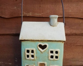 Tea Light Holder Lantern Heart House With Chimney and Handle Duck Egg Blue Home Garden Decor 19cm Free UK  Postage