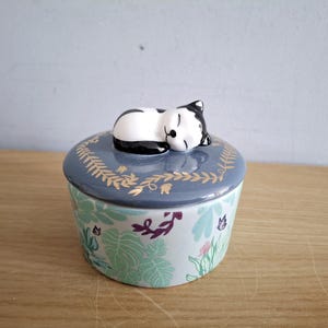 May include: A ceramic trinket box featuring a sleeping cat on the lid. The lid is blue with gold leaf detailing. The box has a floral pattern in green, pink, and purple hues.