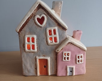 Pink and Grey Two House Village PotteryTea Light Holder Ceramic Gift Ornament 15cm New Range 2024  Free UK delivery