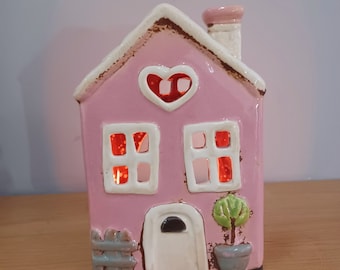 Ceramic Pink Heart GARDEN HOUSE Tea Light Holder With Chimney  By Village Pottery 16cm Free UK Postage