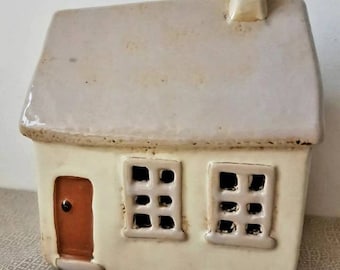 Ceramic Village Pottery Cottage  Tea Light Holder With Chimney Ht 14cm Free UK Postage