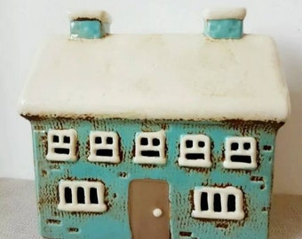Turquoise Village Pottery Large Tea Light Cottage House With Chimney 18cm Tall Free UK Postage