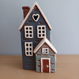 Ceramic Village Pottery Navy Grey House With Porch Tea Light Holder Gift Ornament 21cm NEW  Free UK Postage