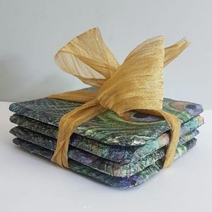 Coaster Set Peacock Feather Design Handmade Slate Decoupage Coasters SET of FOUR 10cm Free UK Postage
