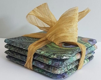 Coaster Set Peacock Feather Design Handmade Slate Decoupage Coasters SET of FOUR 10cm Free UK Postage