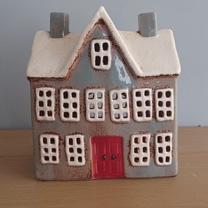 Village Pottery Grey School House Tea Light Holder Ornament Gift 19cm Tall Free UK Postage