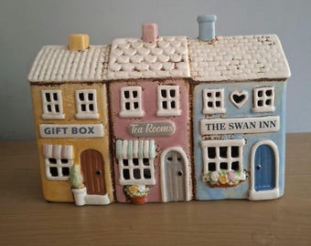 Village Pottery Small Row of Shops Tealight Houses 23.5cm Long NEW Free UK Postage